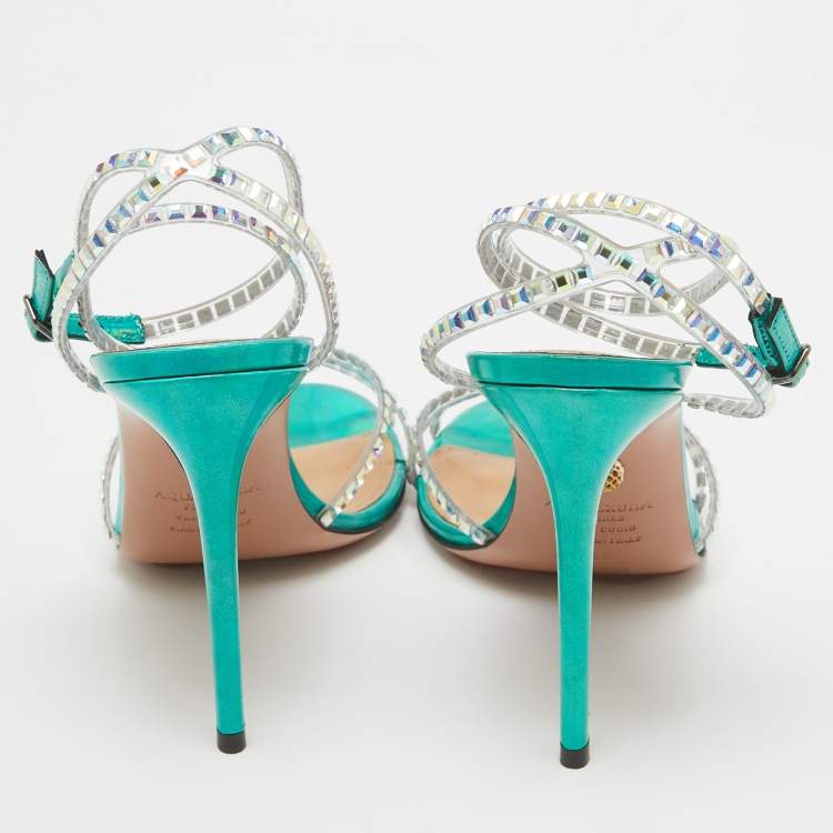 مملوكة مسبقًا Aquazzura Transparent/Metallic Aqua PVC and Leather Dance Plexi Sandals Size 38