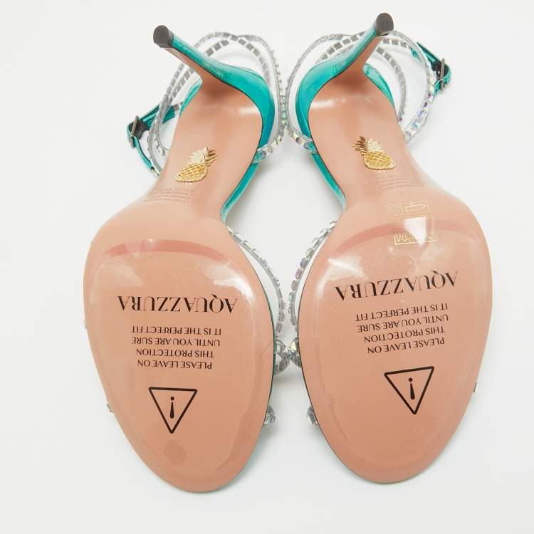مملوكة مسبقًا Aquazzura Transparent/Metallic Aqua PVC and Leather Dance Plexi Sandals Size 38