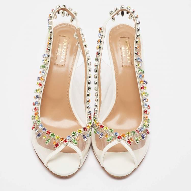 Pre Owned Aquazzura Cream Leather and PVC Crystal Embellished Slingback Pumps Size 39.5