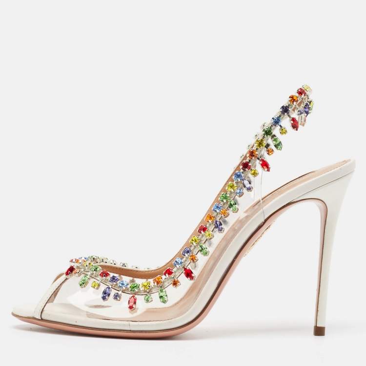 Pre Owned Aquazzura Cream Leather and PVC Crystal Embellished Slingback Pumps Size 39.5