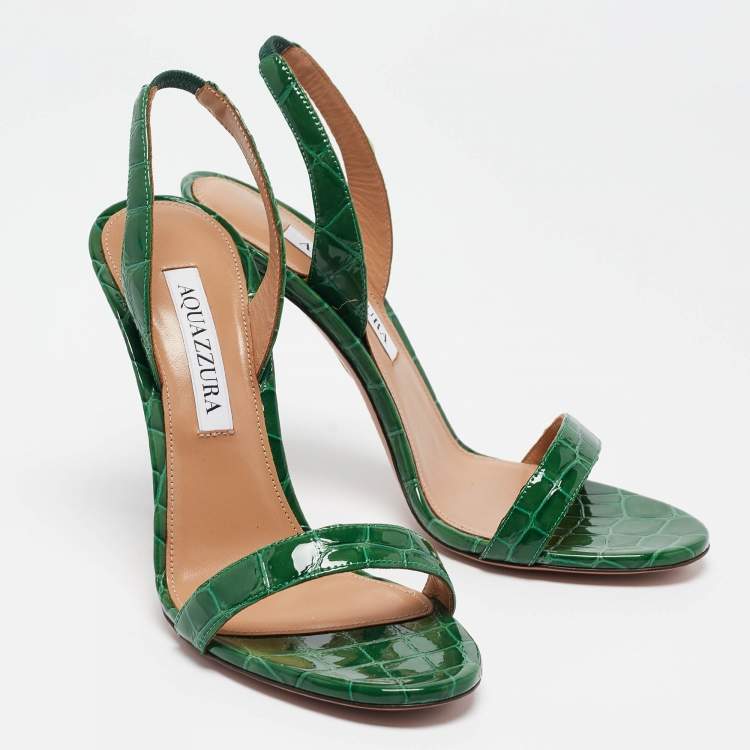 Pre Owned Aquazzura Green Croc Embossed Patent Leather so nude Ankle Strap Sandals Size 37