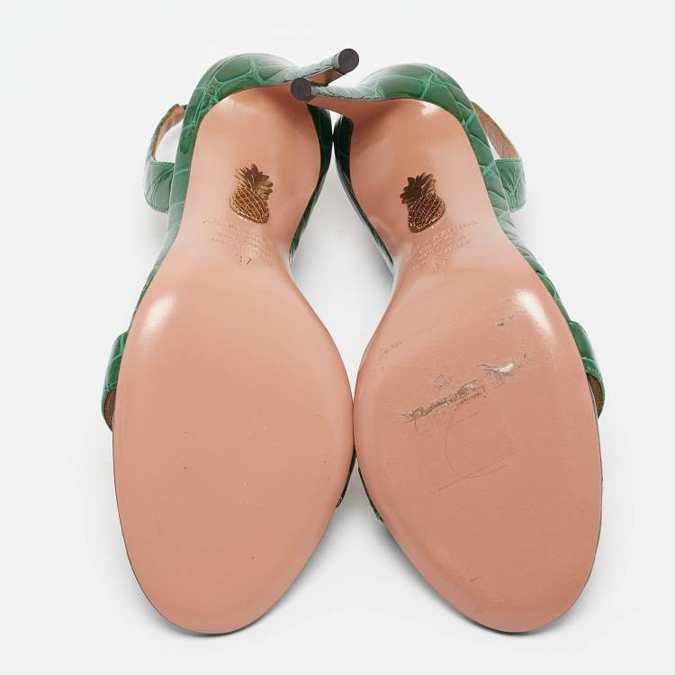 Pre Owned Aquazzura Green Croc Embossed Patent Leather so nude Ankle Strap Sandals Size 37