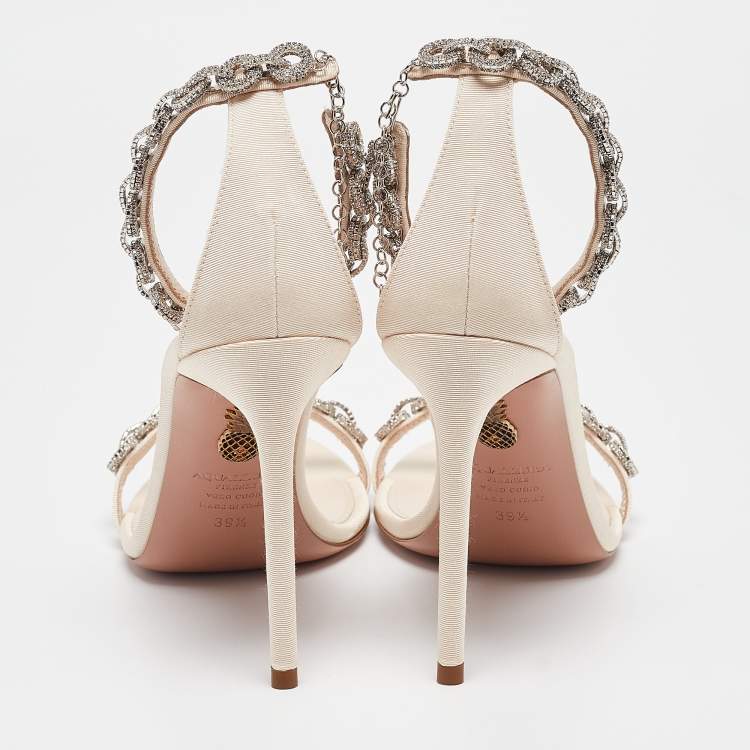 Pre Owned Aquazzura Beige Grosgrain Embellished Love Link Sandals Size 39.5