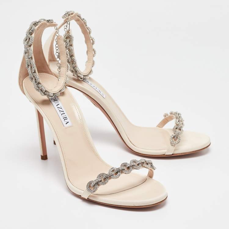 Pre Owned Aquazzura Beige Grosgrain Embellished Love Link Sandals Size 39.5