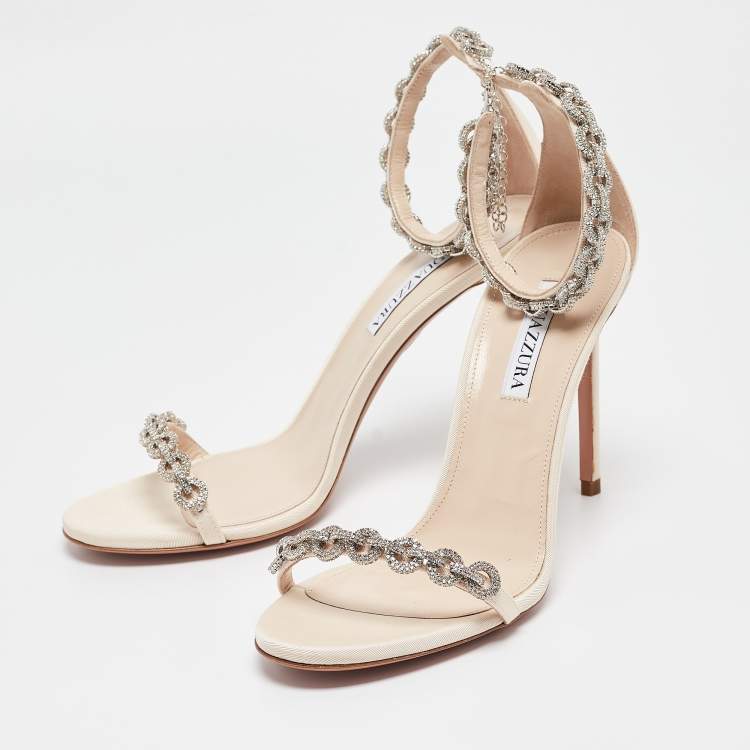 Pre Owned Aquazzura Beige Grosgrain Embellished Love Link Sandals Size 39.5