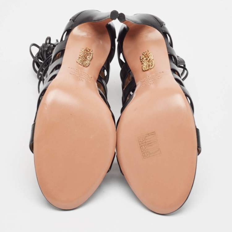 مملوكة مسبقًا Aquazzura Black Leather Amazon Ankle Wrap Sandals Size 38