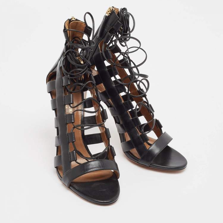 مملوكة مسبقًا Aquazzura Black Leather Amazon Ankle Wrap Sandals Size 38