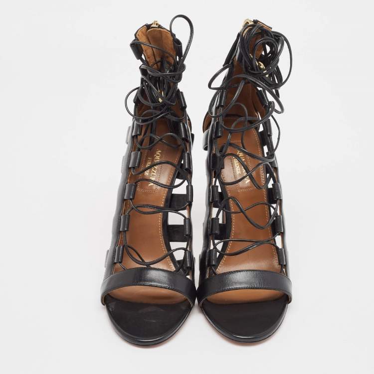 مملوكة مسبقًا Aquazzura Black Leather Amazon Ankle Wrap Sandals Size 38