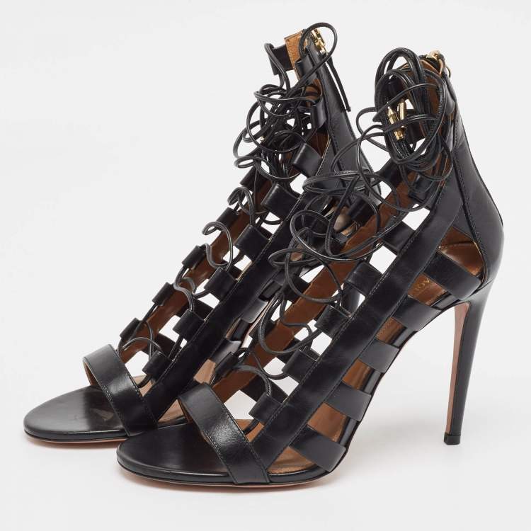مملوكة مسبقًا Aquazzura Black Leather Amazon Ankle Wrap Sandals Size 38