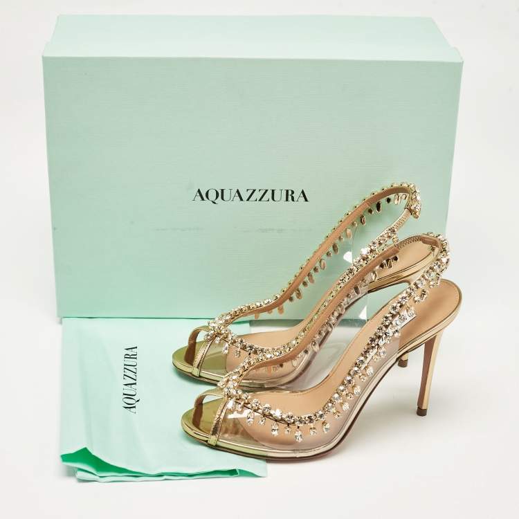 Pre Owned Aquazzura Gold Leather and PVC Temptation Slingback Sandals Size 36