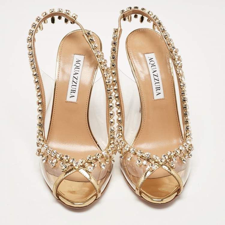 Pre Owned Aquazzura Gold Leather and PVC Temptation Slingback Sandals Size 36