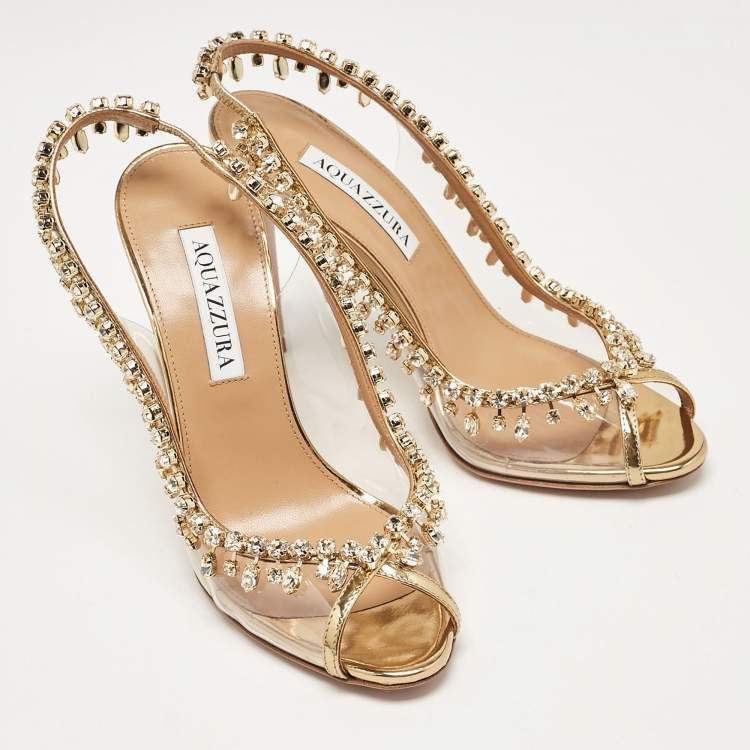 Pre Owned Aquazzura Gold Leather and PVC Temptation Slingback Sandals Size 36