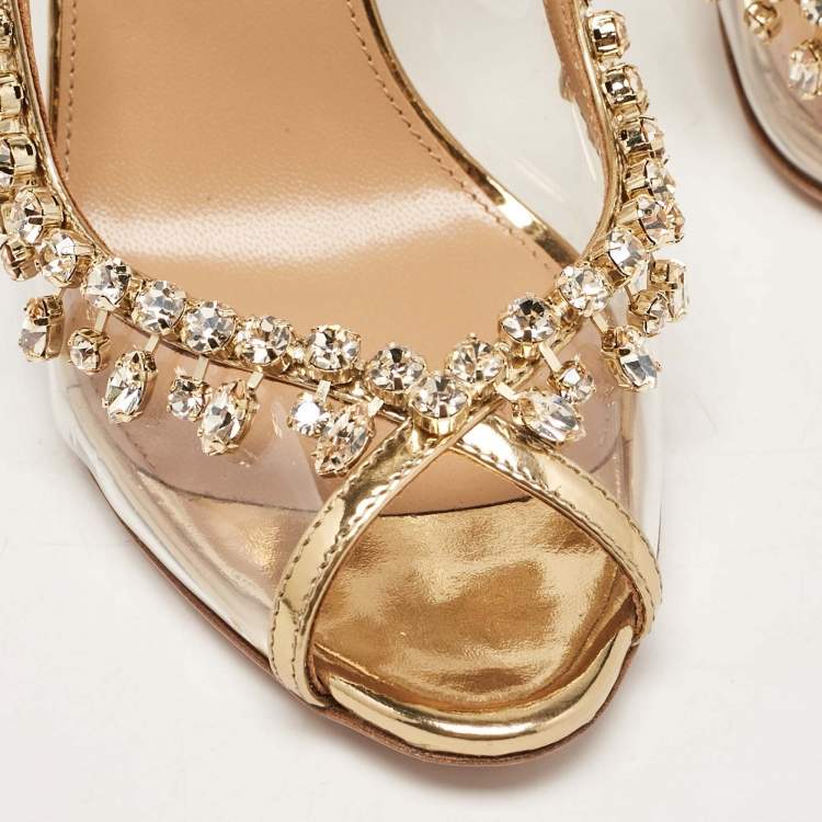 Pre Owned Aquazzura Gold Leather and PVC Temptation Slingback Sandals Size 36
