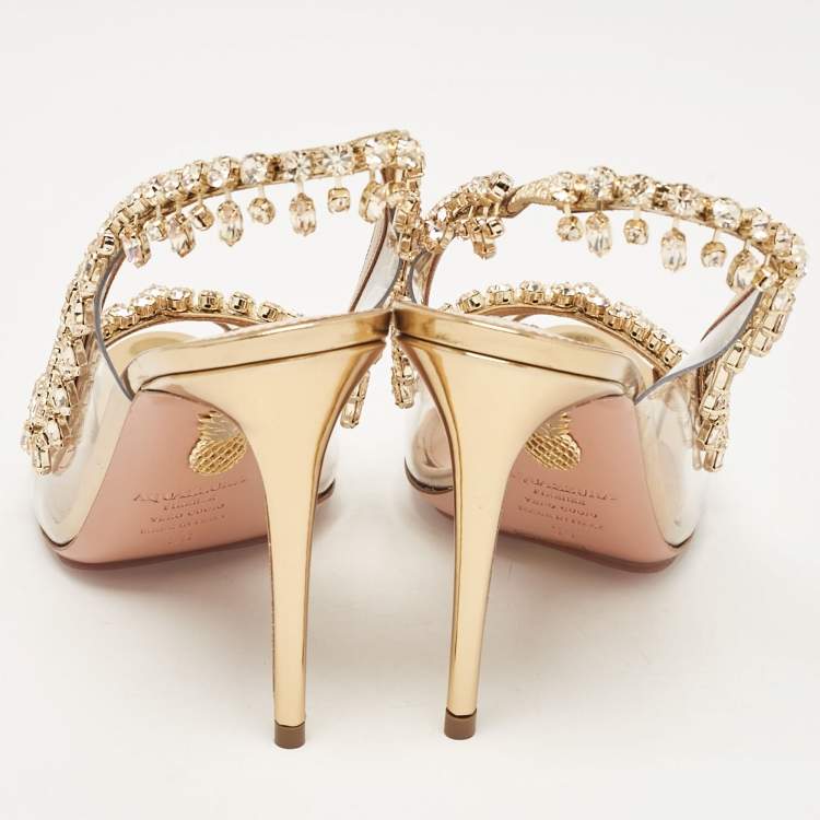 Pre Owned Aquazzura Gold Leather and PVC Temptation Slingback Sandals Size 36