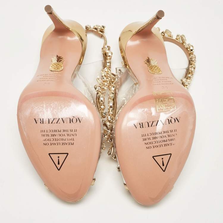 Pre Owned Aquazzura Gold Leather and PVC Temptation Slingback Sandals Size 36