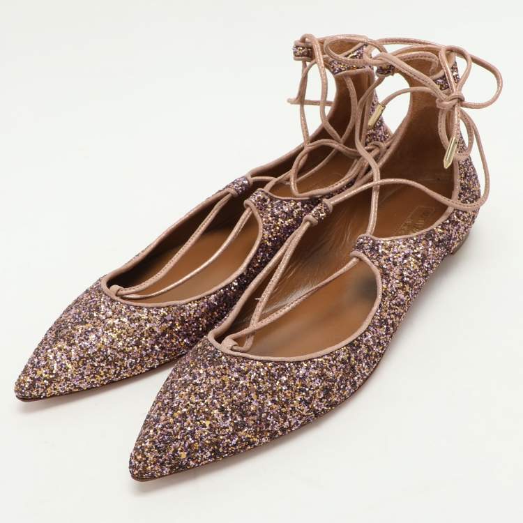 Pre Owned Aquazzura Multicolor Glitter Christy Ballet Flats Size 39.5