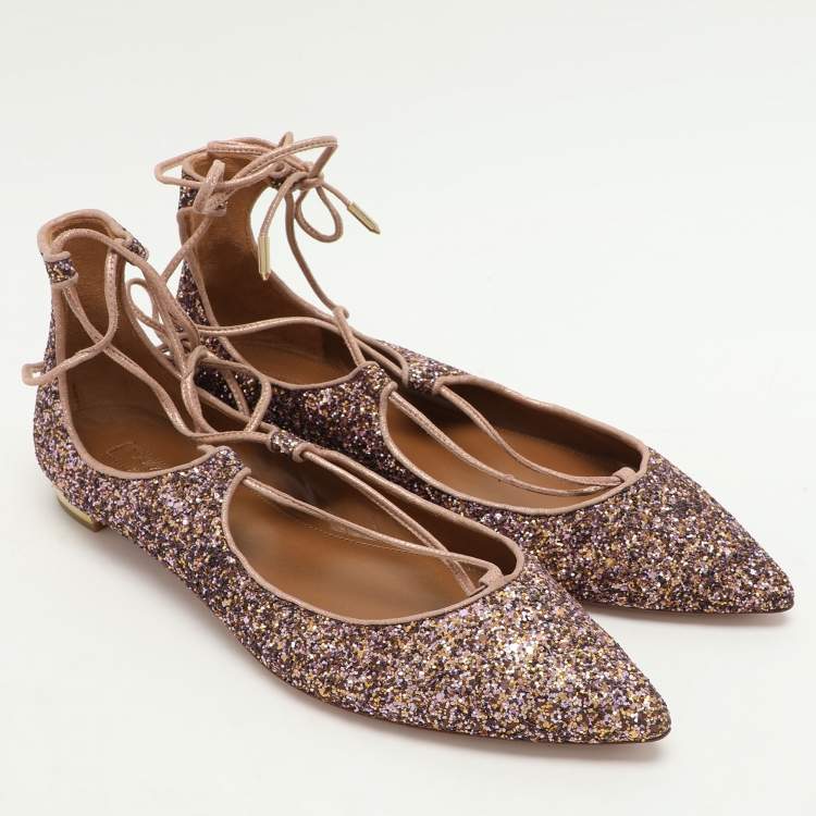 Pre Owned Aquazzura Multicolor Glitter Christy Ballet Flats Size 39.5