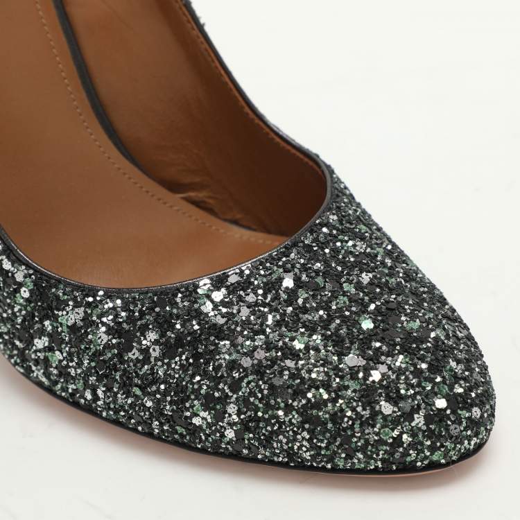 Pre Owned Aquazzura Green Glitter Alix Ankle Strap Pumps Size 40