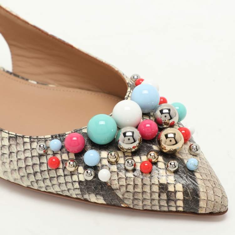 Pre Owned Aquazzura Brown/Beige Python Embossed Leather Embellished Bonbon Slingback Flats Size 40