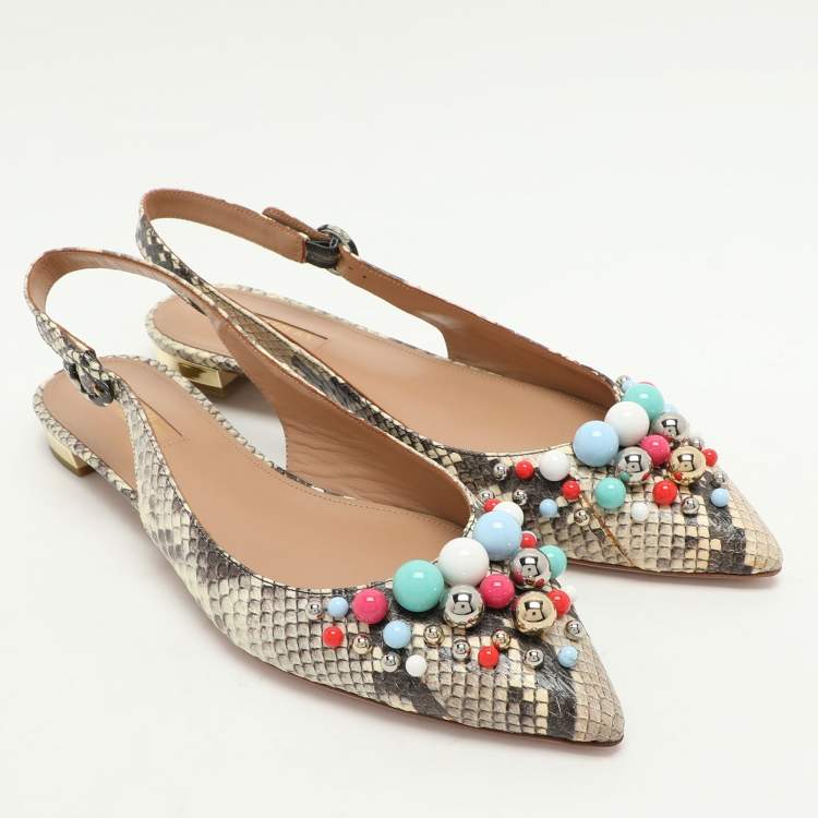 Pre Owned Aquazzura Brown/Beige Python Embossed Leather Embellished Bonbon Slingback Flats Size 40