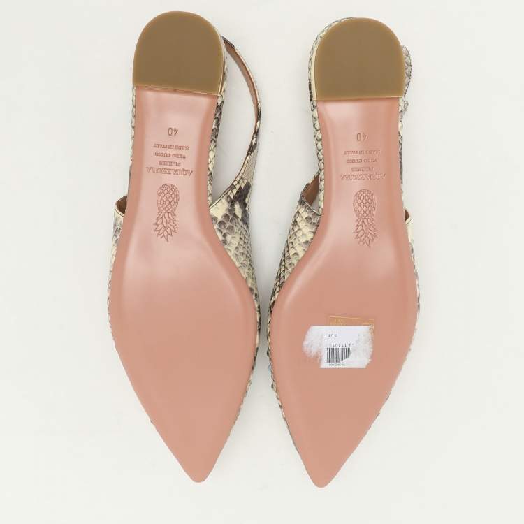 Pre Owned Aquazzura Brown/Beige Python Embossed Leather Embellished Bonbon Slingback Flats Size 40