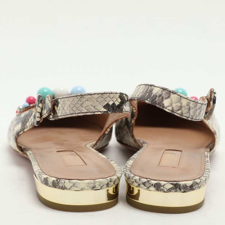 Pre Owned Aquazzura Brown/Beige Python Embossed Leather Embellished Bonbon Slingback Flats Size 40
