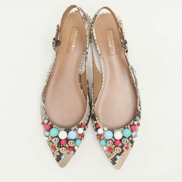 Pre Owned Aquazzura Brown/Beige Python Embossed Leather Embellished Bonbon Slingback Flats Size 40