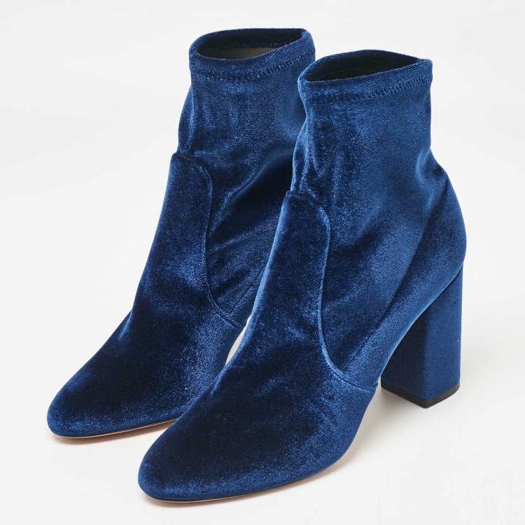 مملوكة مسبقًا Aquazzura Blue Velvet Ankle Length Boots Size 39.5