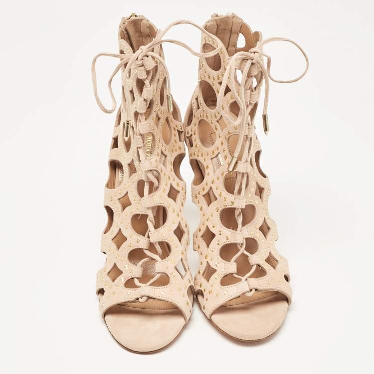 Pre Owned Aquazzura Powder Pink Suede Begum Studded Cut Out Ankle Booties Size 37.5