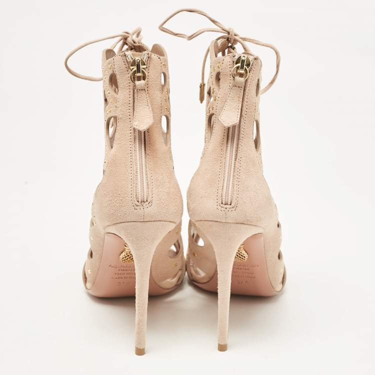 Pre Owned Aquazzura Powder Pink Suede Begum Studded Cut Out Ankle Booties Size 37.5