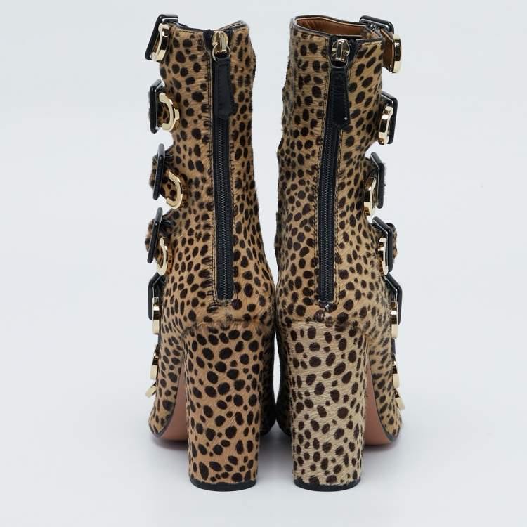 Pre Owned Aquazzura Beige/Black Leopard Print Calf Hair Gladiator Sandals Size 37