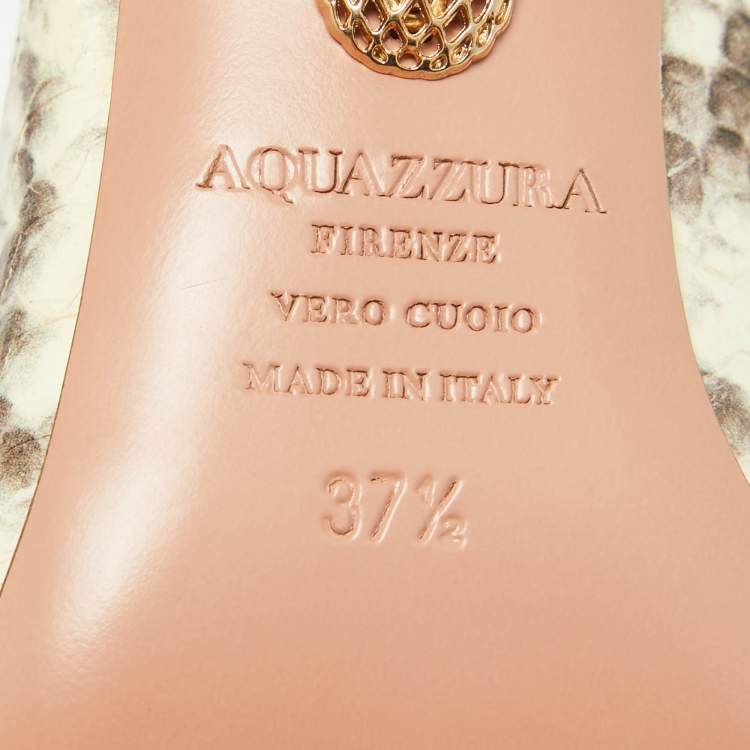 Pre Owned Aquazzura Brown/Beige Python Embossed Leather Embellished Bonbon Slingback Pumps Size 37.5