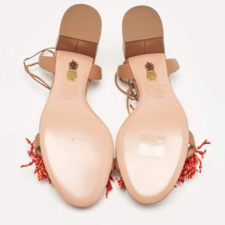 Pre Owned Aquazzura Brown Leather Panarea Beaded Ankle Tie Sandals Size 39.5