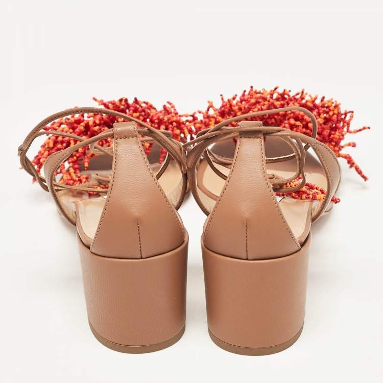 Pre Owned Aquazzura Brown Leather Panarea Beaded Ankle Tie Sandals Size 39.5