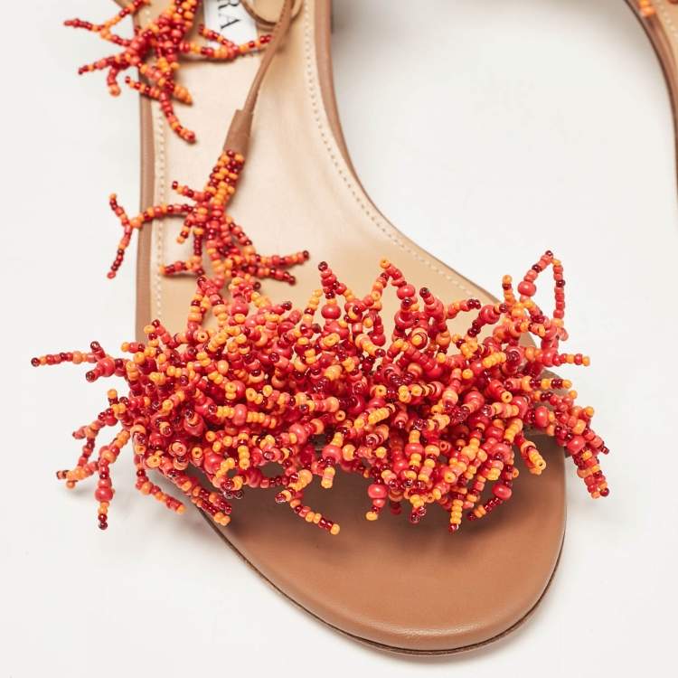 Pre Owned Aquazzura Brown Leather Panarea Beaded Ankle Tie Sandals Size 39.5