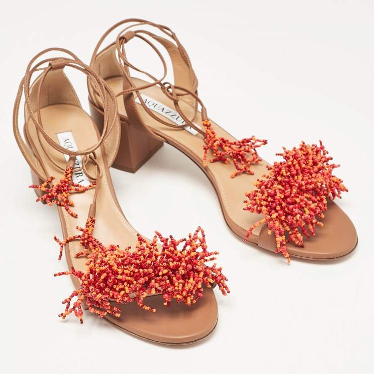 Pre Owned Aquazzura Brown Leather Panarea Beaded Ankle Tie Sandals Size 39.5