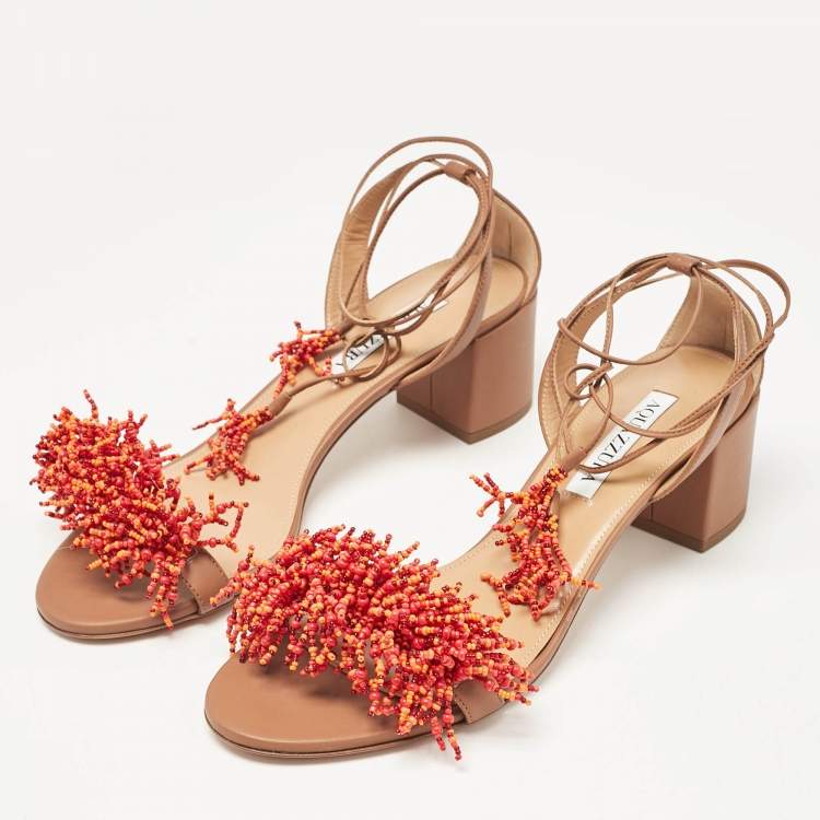 Pre Owned Aquazzura Brown Leather Panarea Beaded Ankle Tie Sandals Size 39.5