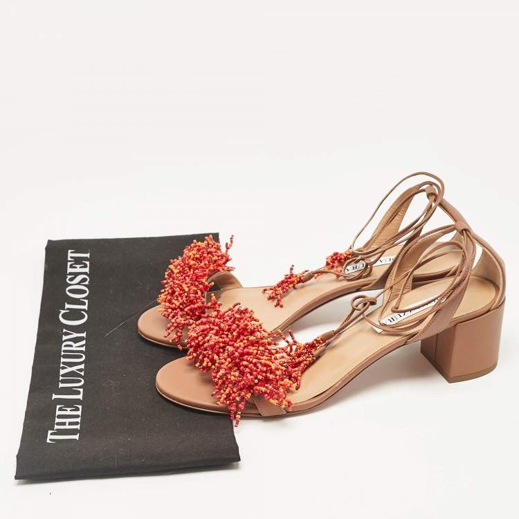 Pre Owned Aquazzura Brown Leather Panarea Beaded Ankle Tie Sandals Size 39.5