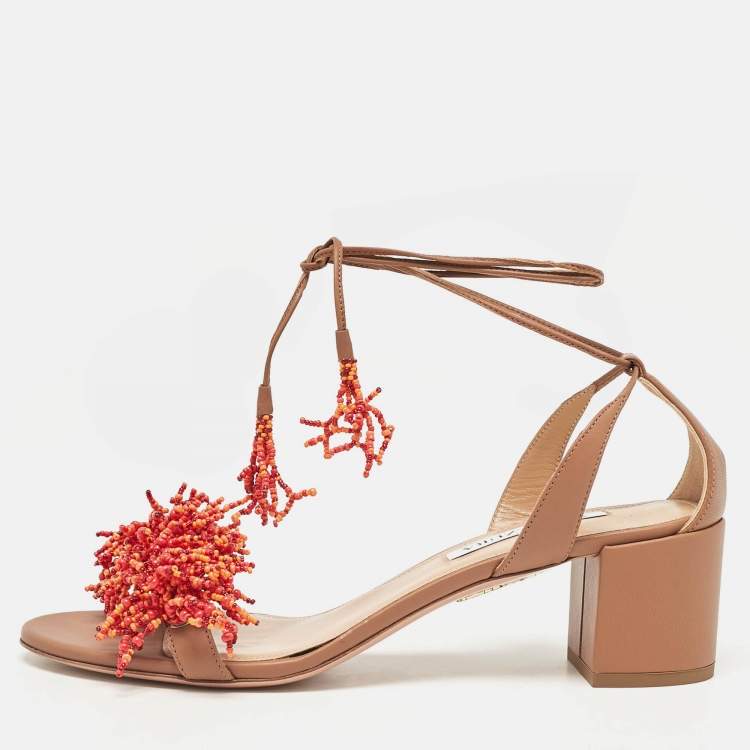 Pre Owned Aquazzura Brown Leather Panarea Beaded Ankle Tie Sandals Size 39.5