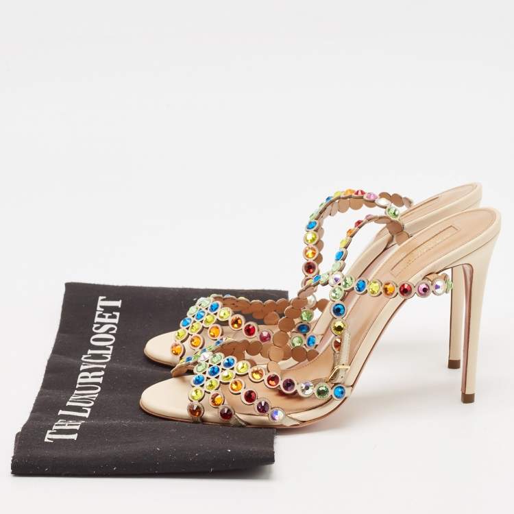 Pre Owned Aquazzura Multicolor Crystal Embellished Leather Tequila Ankle Strap Sandals Size 39