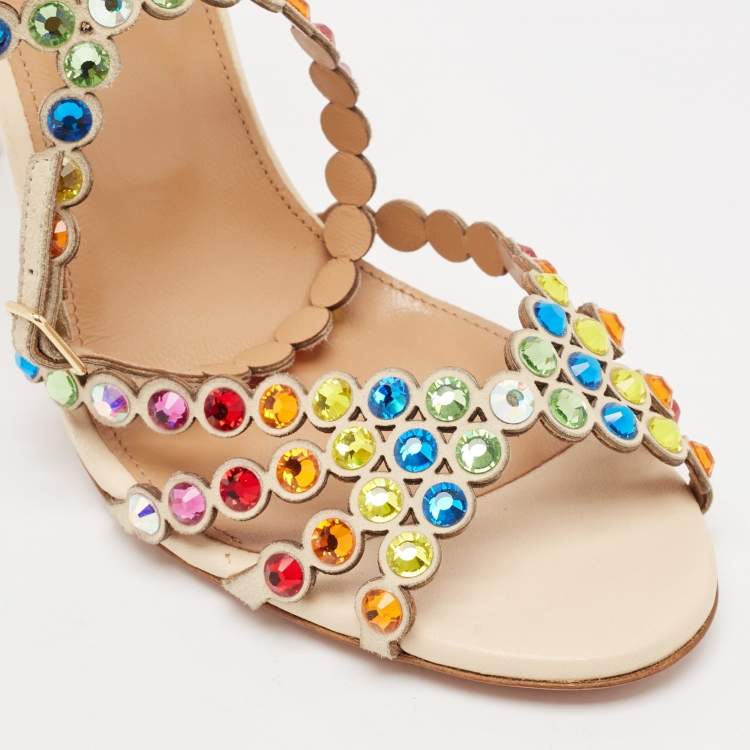 Pre Owned Aquazzura Multicolor Crystal Embellished Leather Tequila Ankle Strap Sandals Size 39