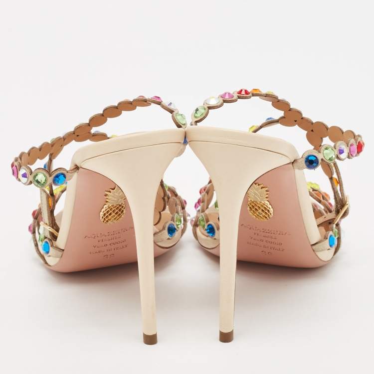 Pre Owned Aquazzura Multicolor Crystal Embellished Leather Tequila Ankle Strap Sandals Size 39