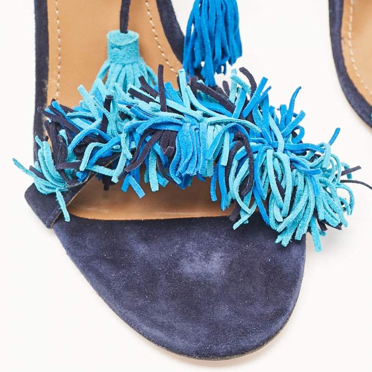 مملوكة مسبقًا Aquazzura Navy Blue Suede Wild Thing Ankle Strap Sandals Size 42