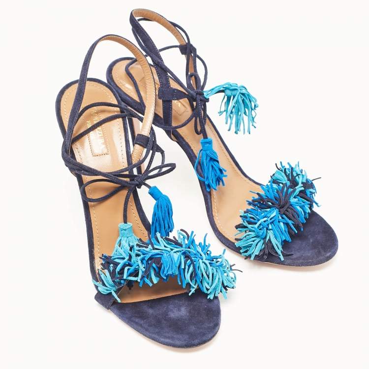 مملوكة مسبقًا Aquazzura Navy Blue Suede Wild Thing Ankle Strap Sandals Size 42