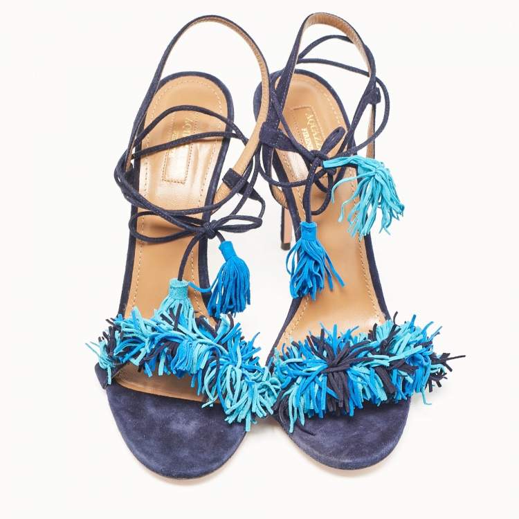 مملوكة مسبقًا Aquazzura Navy Blue Suede Wild Thing Ankle Strap Sandals Size 42