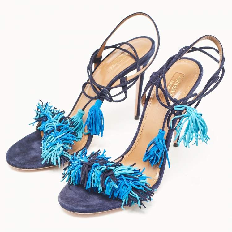 مملوكة مسبقًا Aquazzura Navy Blue Suede Wild Thing Ankle Strap Sandals Size 42