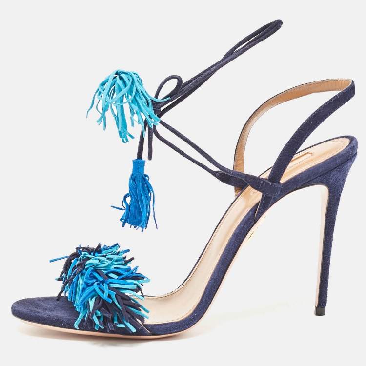 مملوكة مسبقًا Aquazzura Navy Blue Suede Wild Thing Ankle Strap Sandals Size 42