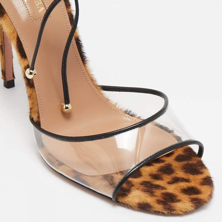 مملوكة مسبقًا Aquazzura Brown Calf Hair and PVC Ankle Strap Sandals Size 37.5