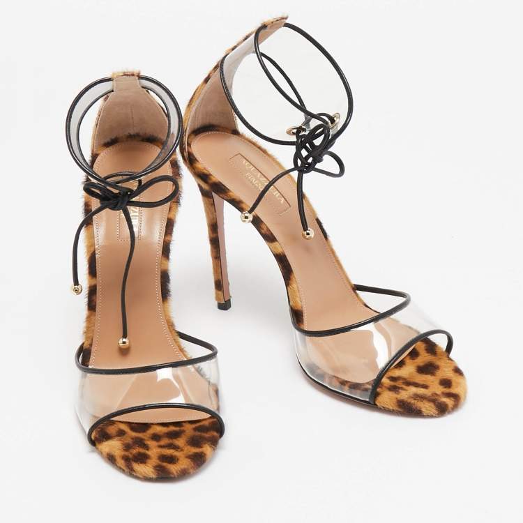 مملوكة مسبقًا Aquazzura Brown Calf Hair and PVC Ankle Strap Sandals Size 37.5