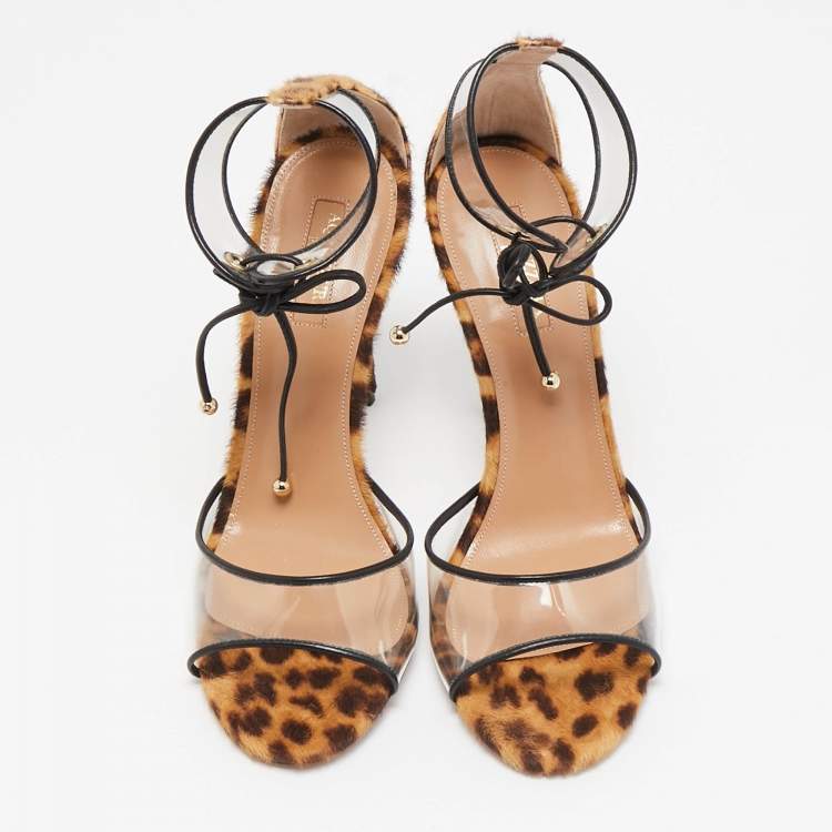 مملوكة مسبقًا Aquazzura Brown Calf Hair and PVC Ankle Strap Sandals Size 37.5